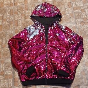 Glamorous Sequin Women's Jacket - Pink and Silver Reversible Sequins Size Medium